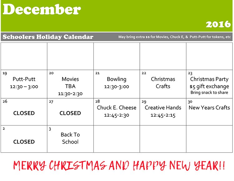 Winter Holiday Schoolers Schedule » Bowen Road Day School
