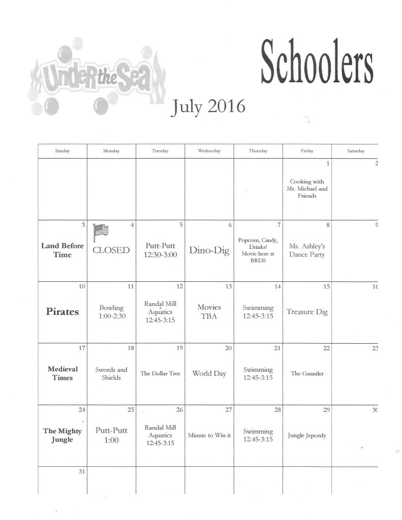 July 2016 Schooler Calendar